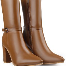 Women's 3.5 Inch Faux Leather Stylish Tan Mid-Calf Block Heel High Ankle Boot Slip On For Women-image-2