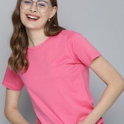 mast & harbour Women Solid Round Neck Pure Cotton Pink T-Shirt-picture-4