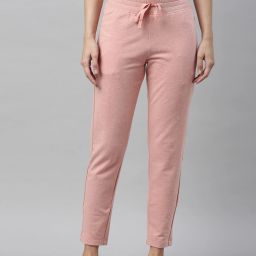 E060 Mid-Rise Slim Cotton Stretch Terry Tapered Relax Women Solid Pink Track Pants-image-2