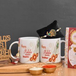 Bhaiya Bhabhi Bhaiya Bhabhi Printed Mug With Rakhi Set And Wooden Showpiece Rakhi Mauli Thread Rakhi, Greeting Card, Showpiece, Mug, Chawal Roli Pack Set-image-0