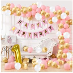 1st Happy Birthday Balloons Decoration Kit Items Combo Pink Gold White-90Pcs for Kids Girls Adult Women Wife Second Theme Decorations/Foil Balloon,Metallic Latex Balloon,Curtain,Banner (Set of 90) (Set of 90)-image-42