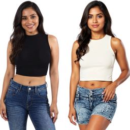 Pack of 2 Casual Sleeveless Solid, Self Design Women Black, White Top-image-100