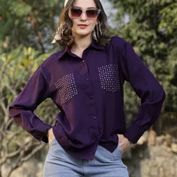 Women Regular Fit Embellished Spread Collar Casual Shirt-image-88