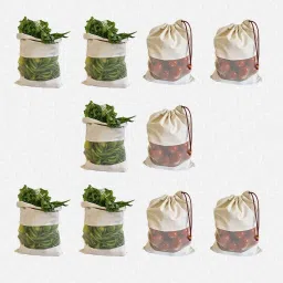 Cotton Vegetable container Bag Kitchen reusable Storage Pouch for FridgeWashable Pack of 10 Grocery Bags-image-68