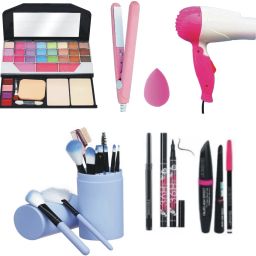 Makeup Kit , 12 Brush Blue, Dryer , Straightener , Puff , Kajal, Eyeliner, 3in1-78