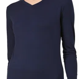 Women Solid V Neck Pure Cotton Dark Blue T-Shirt-picture-35