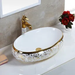 Wash Basin Designer Ceramic Wash Basin/Vessel Sink/Over or Above Counter Top Wash Basin for Bathroom Oval Shape, Golden (White, 24 x 16 x 6 Inch) Table Top Basin-image-97