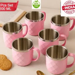 Pack of 6 Stainless Steel, Plastic unbreakable Diamond design cup set of 6, 200ML-image-97