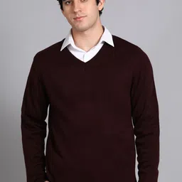park avenue Men Solid V Neck Maroon Sweater-picture-27