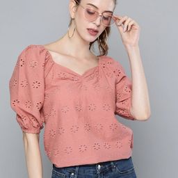 sassafras Casual Puff Sleeves Solid Women Pink Top-picture-7