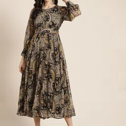 Juniper Black & Beige Chiffon Fit & Flare Dress-image-12