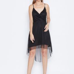 DODO & MOA Women Black Net Semi-Sheer Solid A-Line Dress-image-4