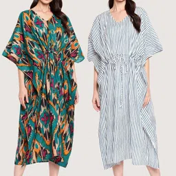 SECRETS BY ZEROKAATA Pack Of 2 Printed Cotton Kaftan Cover Up Dress-picture-41