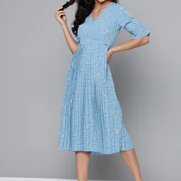 Mast & Harbour Blue & White Accordion Pleated Floral Printed Wrap Dress-picture-12