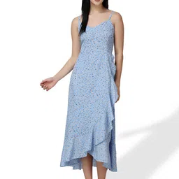 Popwings Floral Printed Asymmetrical Hem A-Line Ruffle Midi Dress-image-33
