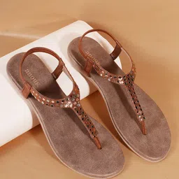 Anouk Brown & Gold-Toned Embellished T-Strap Flats-image-72
