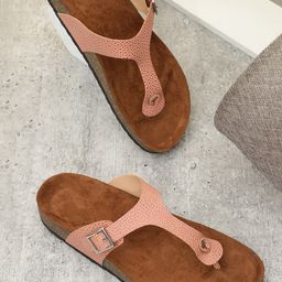 MOZAFIA Textured T-Strap Flats With Buckle Detail-10