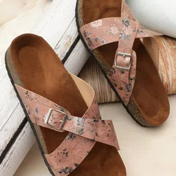 MOZAFIA Printed Cross Strap Open Toe Flats With Buckle Detail-6