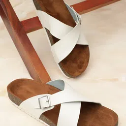 MOZAFIA Textured Cross Strap Open Toe Flats With Buckle Detail-15
