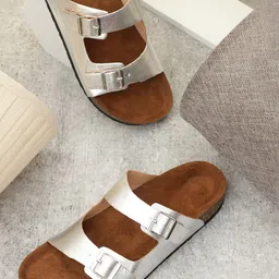 MOZAFIA Two Strap Open Toe Flats With Buckle Detail-9