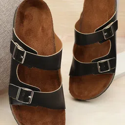 MOZAFIA Two Strap Open Toe Flats With Buckle Detail-10