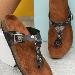 MOZAFIA Printed T-Strap Flats With Buckle Detail-9