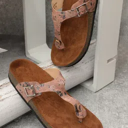 MOZAFIA Printed T-Strap Flats With Buckle Detail-2