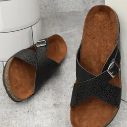 MOZAFIA Textured Strappy Buckle Detailed Open Toe Flats-10