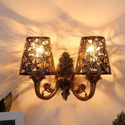 Devansh Gold Toned & Black Textured Dual Antique Wall Lamp With Etching Lamp Shade-picture-10
