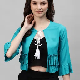 DEEBACO Women Turquoise Blue Crop Shrug-image-89