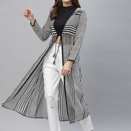 KASSUALLY Women Black & White Printed Longline Tie-Up Shrug-36