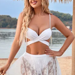 Plus Curvves Cross-Front Swimsuit with Coverup Wrap Skirt-image-2