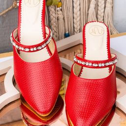 NR By Nidhi Rathi Red Embellished Leather Block Mules-picture-4