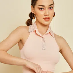 BAESD Shirt Collar Sequined Crop Top-image-60