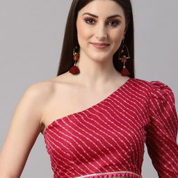 NEUDIS Women Cotton Red Embellished One Shoulder Lehariya Fitted Blouson Crop Top-picture-25