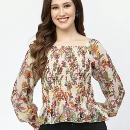 Popwings Floral Printed Puff Sleeves Chiffon Cinched Waist Top-image-69