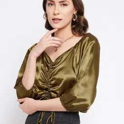 Bitterlime Puff Sleeves Satin Crop Top-image-25