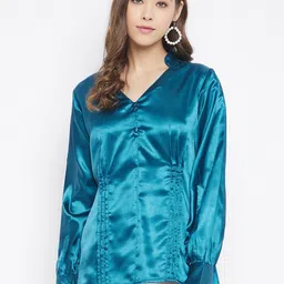 Bitterlime Teal Blue Solid Satin Top-image-79