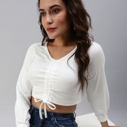 SHOWOFF Womens Off White Solid Crop Top-image-97