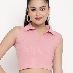 BAESD Collared Neck Sleeveless Ribbed  Shirt Style Crop Top-picture-49