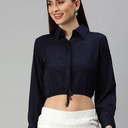 SHOWOFF Navy Blue Shirt Style Crop Top-image-62
