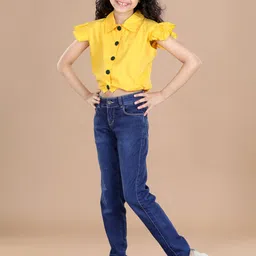 Cutiekins Girls Yellow Solid Cotton Shirt Style Crop Top-picture-17