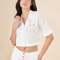 AKKRITI BY PANTALOONS Embroidered Floral Printed Cotton Shirt Style Crop Top-image-67