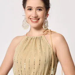 studio rasa Beige Embellished Tie-Up Halter Crop Top-image-40