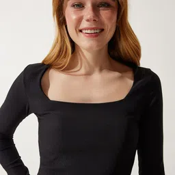 Happiness istanbul Square Neck Long Sleeves Fitted Crop Top-image-91