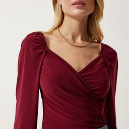 Happiness istanbul Sweetheart Neck Puff Sleeve Regular Wrap Top-image-7