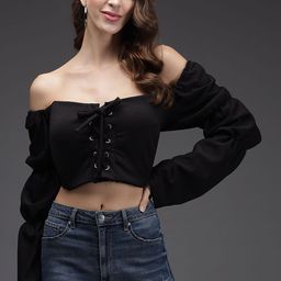 TANDUL Solid Off-Shoulder Lace-Up Bardot Crop Top-image-65