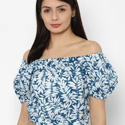 Allen Solly Woman Blue Tropical Print Off-Shoulder Bardot Crop Top-image-96