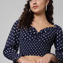 emeros Navy Blue Print Sweetheart Neck Crepe Blouson Crop Top-image-10