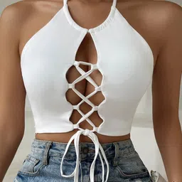 BAESD Halter Neck Tie-Up Detail Crop Fitted Top-image-14